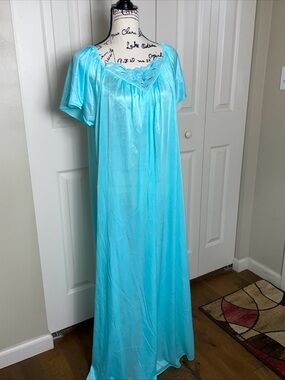 Vintage SEARS Blue One Size Nylon Sheer Long Nightgown Floral Made In USA